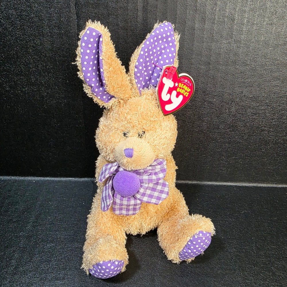 Ty Beanie Baby Petunia Bunny Plush Small Tan Purple‎ Polka Dot Gingham 2006 Tag